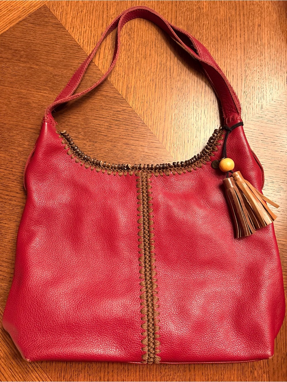 The Sak Huntley Hobo Bag Crimson Red Pebbled Leather Crochet Detail Tassel Charm - Picture 6 of 8